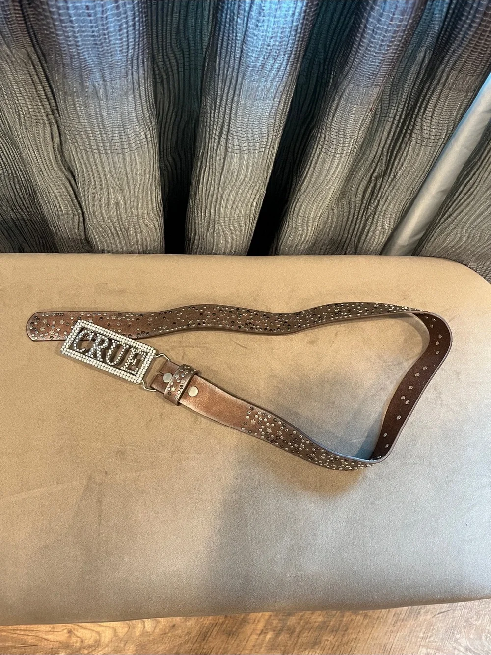 Rhinestone 'CRUE' Brown Leather Studded Belt